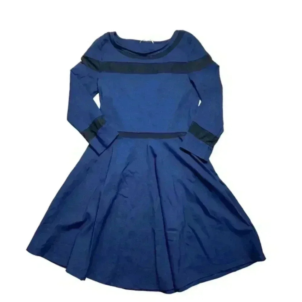 Gianni Bini Ellen Blue Fit & Flare Midi Dress Size M Stretch Long Sleeve Mesh